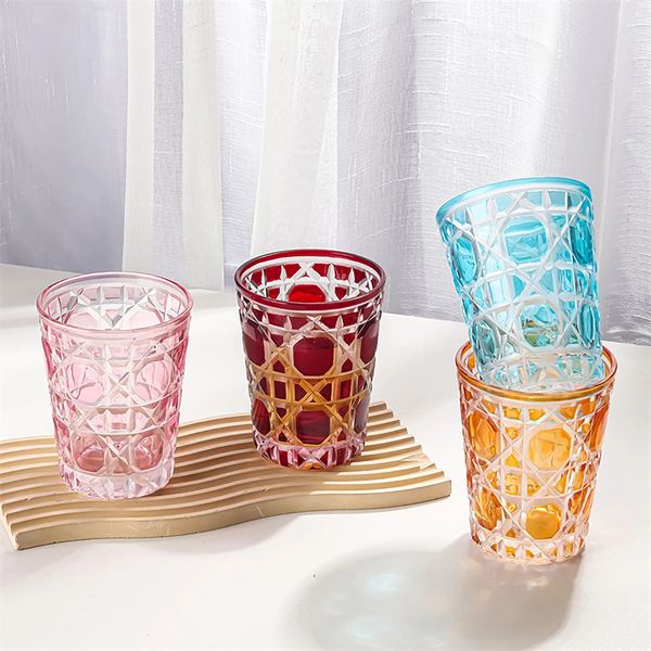 Tazas 1pc 320ml Crystal Whisky Glass Cup Plaid Grabado hecho a mano Colorido Brandy Wine Spirit Tumbler 231122