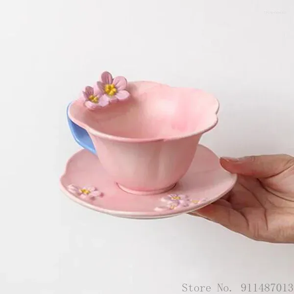 Tasses 1pc créatif rose/jaune peint à la main Relief cerisier en forme de fleur tasses cadeau articles ménagers après-midi thé tasse à café et assiettes