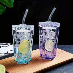 Tasses 1set tasse en verre avec paille et couvercle de couleur étoile à cinq points gradient tasse de boisson froide à glace à glace