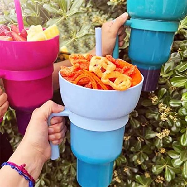 Tasses 2 en 1 Snack Bowl Drink Cup avec paille Portable Stadium Tumbler Color Change Splash Proof Leakproof Container 230711