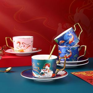 Tasses 200ml Style de la mode chinoise Bone China Coffee Cup Saucer Spoon Set Tasse en céramique de luxe Advanced Porcelain Repas Couverts Drinkware