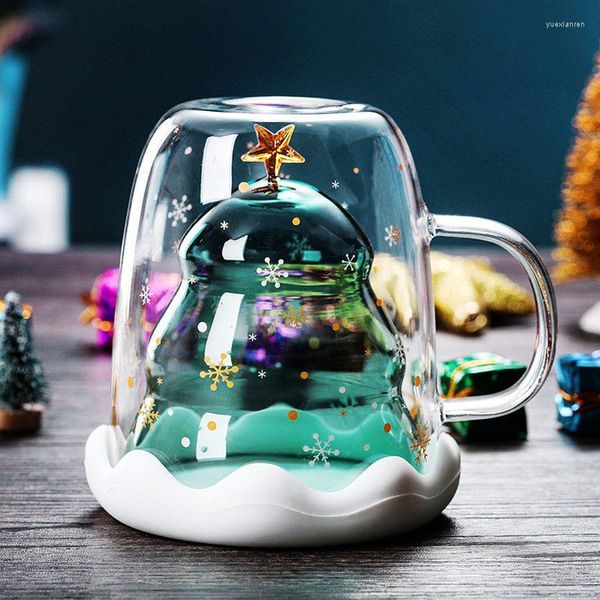 Tazas 2023 Taza de Navidad creativa Árbol de cristal Taza de estrella Taza de alta temperatura Doble Fiesta de agua Regalos de Navidad Viaje plegable