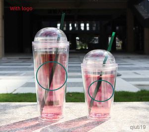 Tasses 2023 Nouveau couvercle plat 710 ml en plastique transparent gobelet à double paroi avec paille avec couvercle vert noir tasses à café R230712