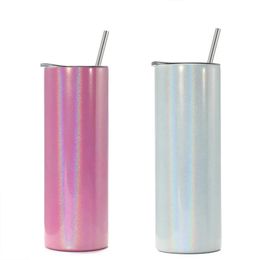 Tasses 20oz Sublimation Skinny Tumbler Tasses Tasse isolée sous vide avec paille en métal en acier inoxydable Glitte Bouteille Cadeau 231122