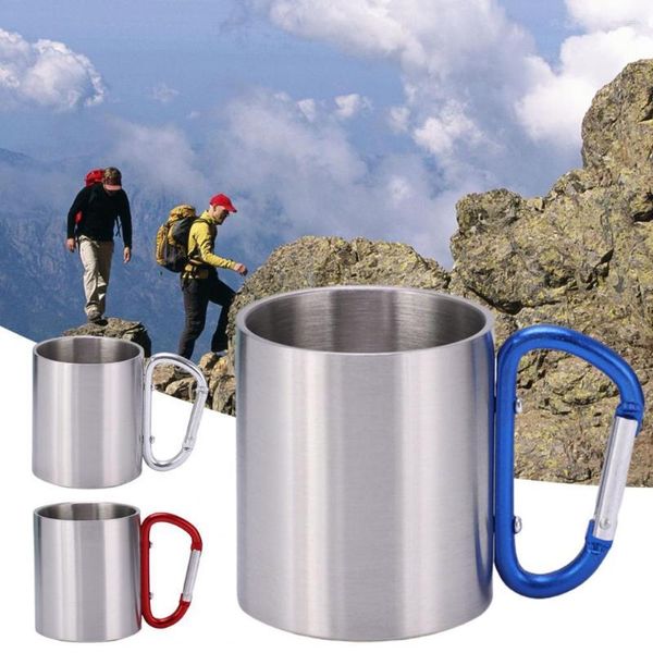 Tazas de 220ml para acampar, taza de agua de doble pared de acero inoxidable para senderismo, vaso de cerveza para café, anillo en D, viaje con bloqueo automático