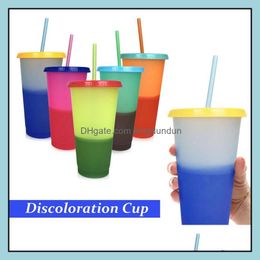 Tasses 24oz Changement de couleur Coupe magique en plastique température de boisson avec couvercle et couleurs de bonbons réutilisables boissons froides café dro otvnk