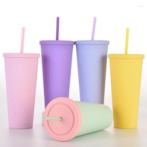 Tazas Taza de plástico de doble capa de 24 oz Taza de café de color sólido con tapa y té de frutas de paja Vasos de agua de viaje de gran capacidad