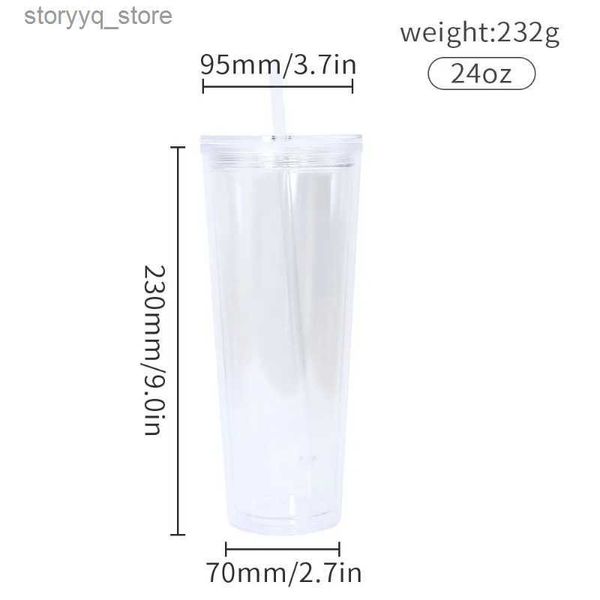 Tasses Gobelets en acrylique boule à neige à double paroi de 24 oz avec couvercle plat paille tasse de boisson en plastique transparent avec trou pour remplir les paillettes 124 L240312