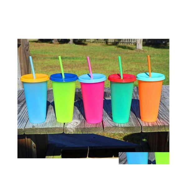 Tazas de 24 oz de pl￡stico Cambio de color PP Temperatura Sensado Magia Beber con tapa y colores Caminos de dulces Caf￩ reutilizables Drop del OT4BF