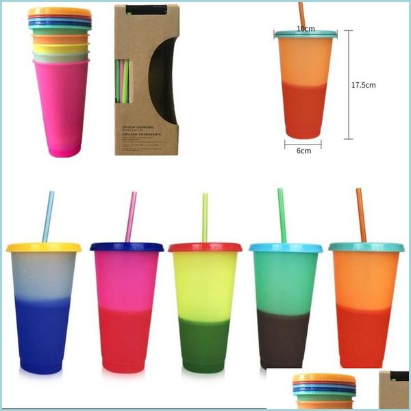 Tazas 24 oz Temperatura Color Taza mágica Taza de café reutilizable Vasos de plástico con tapa y entrega de St Drop Home Garden Kitche DHEF6