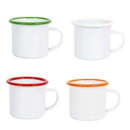 Tasses 24pcs 12oz sublimation tasse en émail blanc vierge avec jante coloré imprimer tasse tasse de café au lait pour en gros 240410