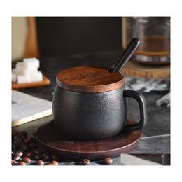 Mokken 250 ml Creative Black Matte grove koffiekop met houten schotel lepel Kit Kit Korte Keramische drinkwarekantoor Thee Water Drop deliv Dhyka