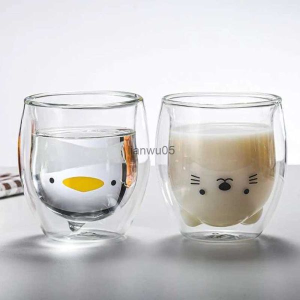 Tazas 250 ml Linda taza de vidrio de doble capa Oso Gato Perro Animal Taza de vidrio aislada Cerveza creativa Leche Taza de café Cumpleaños Regalos de Navidad L2402