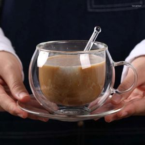 Mokken 250 ml Europese Stijl hittebestendige Dubbelwandige Glazen Koffiekopje Met Schotel Lepel Creatieve Melk Sap Mok cadeau Voor Vriend