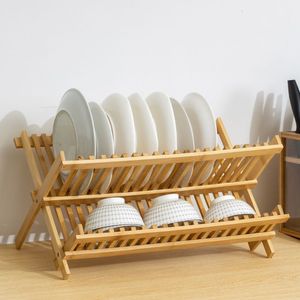 Tazas de 2 capas plegables de bambú natural para almacenamiento de cocina, soporte de exhibición, secado de té, taza de café, plato, estante de aire, 470m, 230818