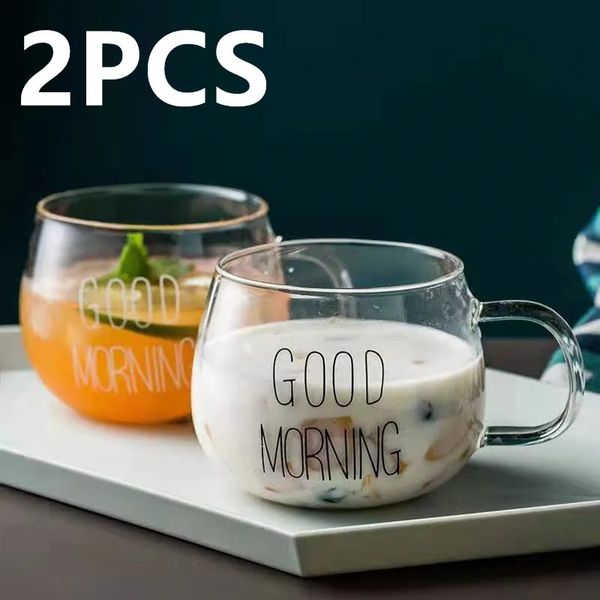 Tasses 2 pièces bon matin Transparent créatif verre tasse à café boissons Dessert petit déjeuner lait thé tasse poignée Drinkware 231013