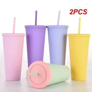 Tasses 2pcs réutilisables à double paroi 700ml 710ml 24oz Tasse en plastique de couleur pastel Gobelet froid avec paille et couvercle