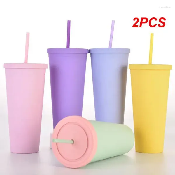 Tazas 2 unids reutilizable doble pared 700 ml 710 ml 24 oz color pastel taza de plástico vaso frío con paja y tapa