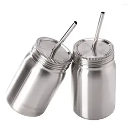 Tasses 2pcs tasse maçon maçon en acier inoxydable avec couvercle de paille à double couche à boire en verre de pudding en métal de pudding adapté au bureau à domicile