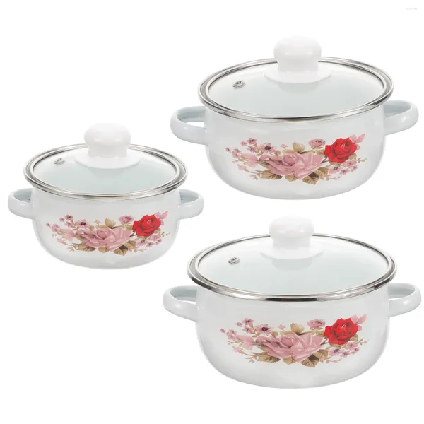 Tasses 3 pcs ustensiles de cuisine pot vintage émail résistant à l'usure exerce une soupe délicate à la maison canne à usage multi-usage ragoût