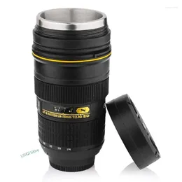 Mokken 300-400 ml reismokbekers emulatie camera lens roestvrijstalen koffie thee water fles fles geïsoleerd tumbler deksel