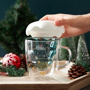 Tasses Tasse d'arbre de noël de 300ML | Tasse en verre de flocon de neige, tasse en verre à Double couche résistante à la chaleur, tasse à café avec couvercle, mignon pour cadeau de noël 231124