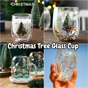 Tasses 300 ml créatif arbre de noël tasse en verre résistant à la chaleur Double paroi tasse en verre tasse à café avec couvercle cadeaux de noël mignons pour les filles 231121