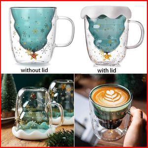 Mokken 300 ml Creative Christmas Tree Glass Cup Hittebestendige dubbele muur Koffie Mok Verjaardagscadeau