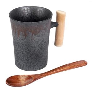 Mokken 300 ml creatieve handgemaakte keramische koffiemok met lepel roestglazuur houten handgreep Water beker voor huis/kantoor