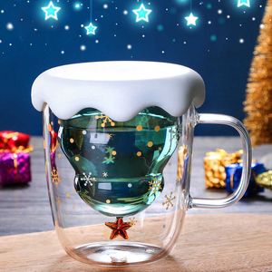Tazas 300ml Taza de vidrio de árbol de Navidad de doble capa Taza de café resistente al calor con tapa Regalos de Navidad lindos para niñas Y2210
