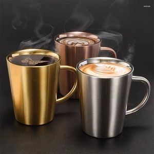 Tasses 300 ml double couche tasse d'eau maison salle à manger verres 304 en acier inoxydable bière or argent café avec poignée