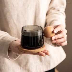 Mokken 300 ml Japanse stijl glas mug koffiekopjes en schotels huishouden high-end afternoon tea hoge schoonheid houten handvat vriend geschenken