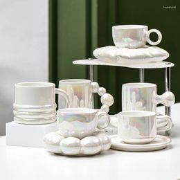 Tazas 300 ml Nordic Pearl Glaze Taza de cerámica Luz Estilo de lujo Taza de café colorida Platillo Té de la tarde Decoración de escritorio