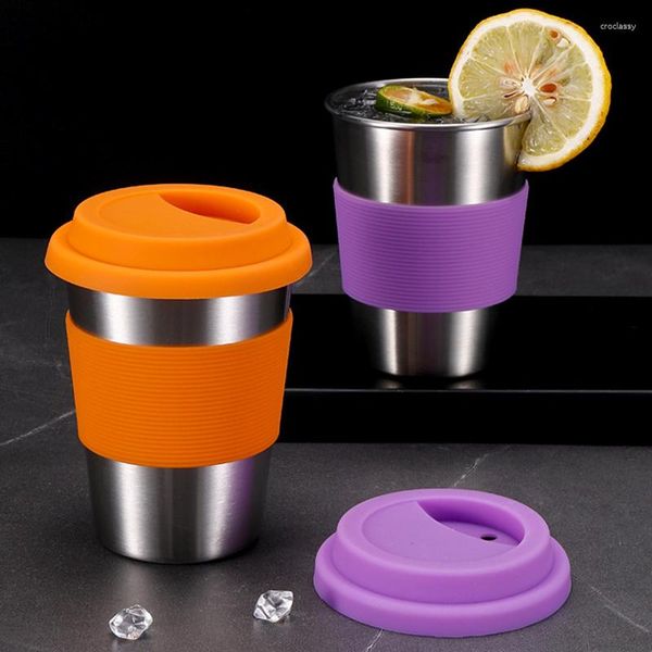 Tasses Tasse à café en acier inoxydable 304 avec couvercles en silicone Boissons à eau portables Thé Lait Bière Tasse Anti-brûlure Voyage Drinkware 350ML