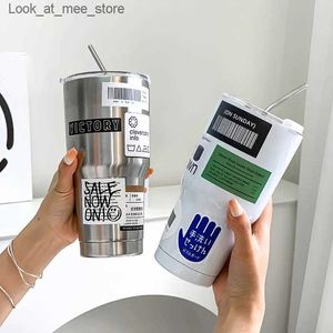 Mokken 30oz roestvrijstalen waterfles met stro heetwaterketel drank die koud en warm vacuüm vlamkop koffiekopje autofles houdt Q240322