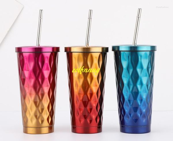 Tazas 30 unids / lote 500 ml 304 Taza de paja en forma de diamante de acero inoxidable Taza de café portátil al aire libre