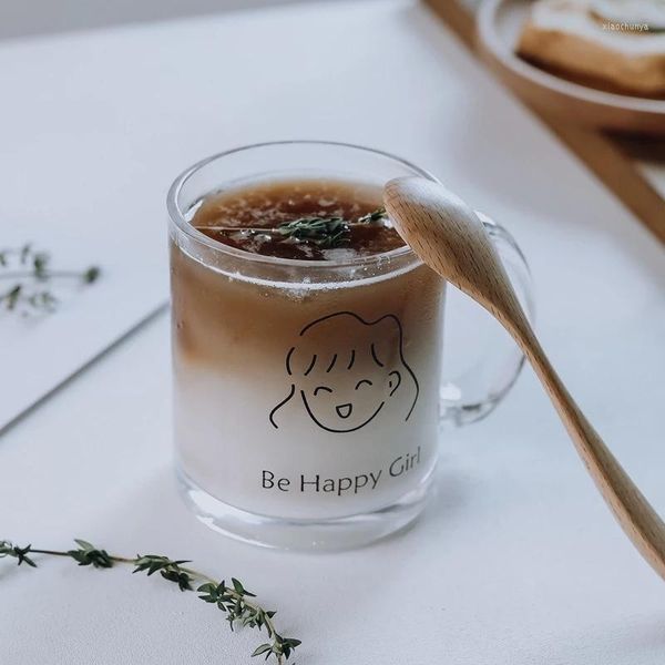 Tasses 320ml belle tasse de café en verre imprimé tasse de thé au lait poignée transparente verres heureux fille garçon couple amoureux cadeaux