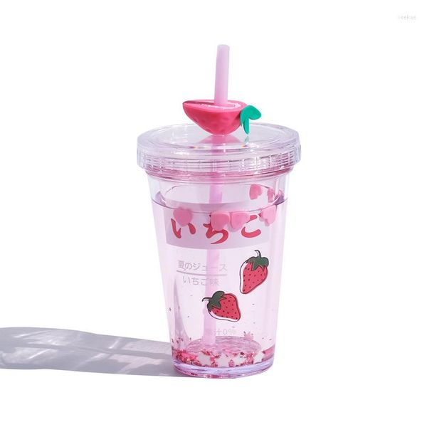 Vaso de 320ml con tapa y pajita, botella de agua de doble capa Tritan transparente sin BPA, taza de viaje reutilizable para beber café helado