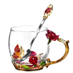 Tasses 330 ml tasse à café cuillère résistant à la chaleur anniversaire transparent roses rouges verre décoratif papillon verres à la main tasse à thé