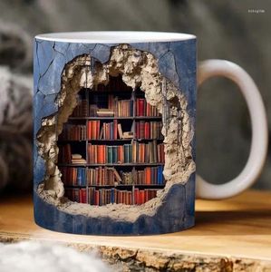 Tazas 350ml 3D Bookshelf Biblioteca Libro Amantes de libros Copa Café Efecto de cerámica Diseño de espacio creativo Regalos de Navidad para lector