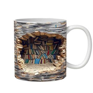 Tazas 350ml Efecto 3D Bookshelf Mug Space Creative Design Biblioteca de cerámica Biblioteca Taza Amantes de libros Regalos de Navidad para lectores 240417