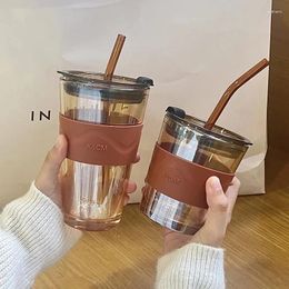 Mokken 350 ml 450 ml Siliconen Cover Glass Cup met stro-deksel herbruikbare koffie warmtebestendige waterfles drinkwaresmok