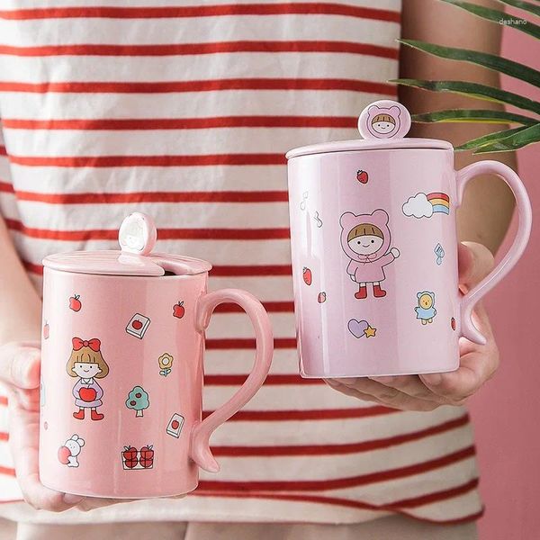 Tazas 350ml Cerámica creativa chicas lindas con tapa y cuchara Taza coreana fresca para agua Botella de agua Botella de té Desayuno Desayuno taza