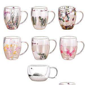 Mokken 350 ml dubbelwandige glazen mokbeker met droge bloemvullingen handgrepen keukenaccessoires Wll2148 droplevering huis tuin keuken, D Dhbzl