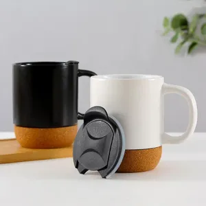 Tasses Tasse à café noire mate de 350 ml avec poignée en liège fond en liège couvercle de lait détachable tasse d'eau de thé en céramique résistante à la chaleur