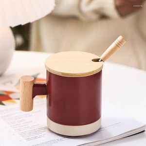 Tasses 360ml Poignée En Bois Tasse Tasse À Café En Céramique Avec Couvercle Cuillère Tasses Et Verres Original Petit Déjeuner Thé Aller