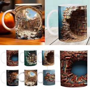 Tasses Bibliothèque 3D Effet Livres Cool Anniversaire Cadeaux De Noël Pour Lui Elle Céramique Blanche 11oz Tasses Claires