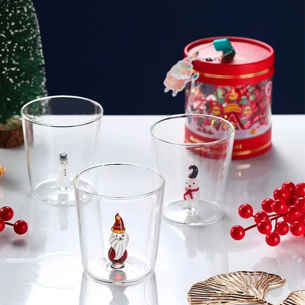 Tazas 3D Dibujos animados de Navidad Taza de vidrio transparente Café Taza de jugo de fruta Muñeco de nieve Papá Noel Diseño animal Regalos navideños de Navidad 231121