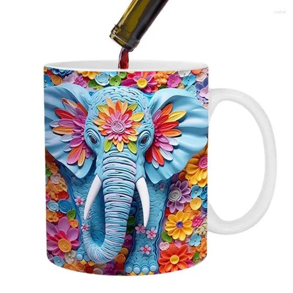 Tazas Taza de elefante 3D Café de cerámica con patrón de flores Adorno de taza para mujeres Regalos de Navidad