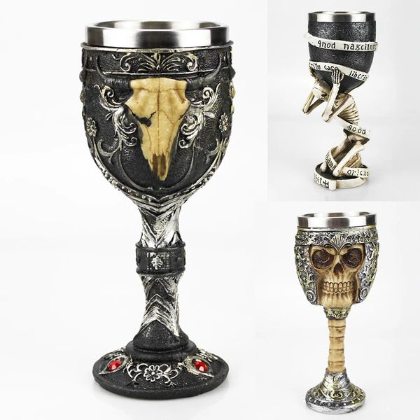 Tazas 3D Copa de vino gótica Contiene esqueleto Vikingo Pirata Esclavo Equipo Cráneo Metal Resina Vidrio Regalos de Halloween Bar Drinkware 231207